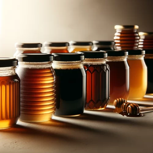 هذه الصورة تعرض مجموعة من برطمانات عسل السمرة أو السمر المصفوفة في صف، حيث تظهر درجات متنوعة من الألوان تبدأ من العنبري الفاتح إلى البني الداكن، وصولاً إلى لون أحمر يميل إلى السواد قليلا .